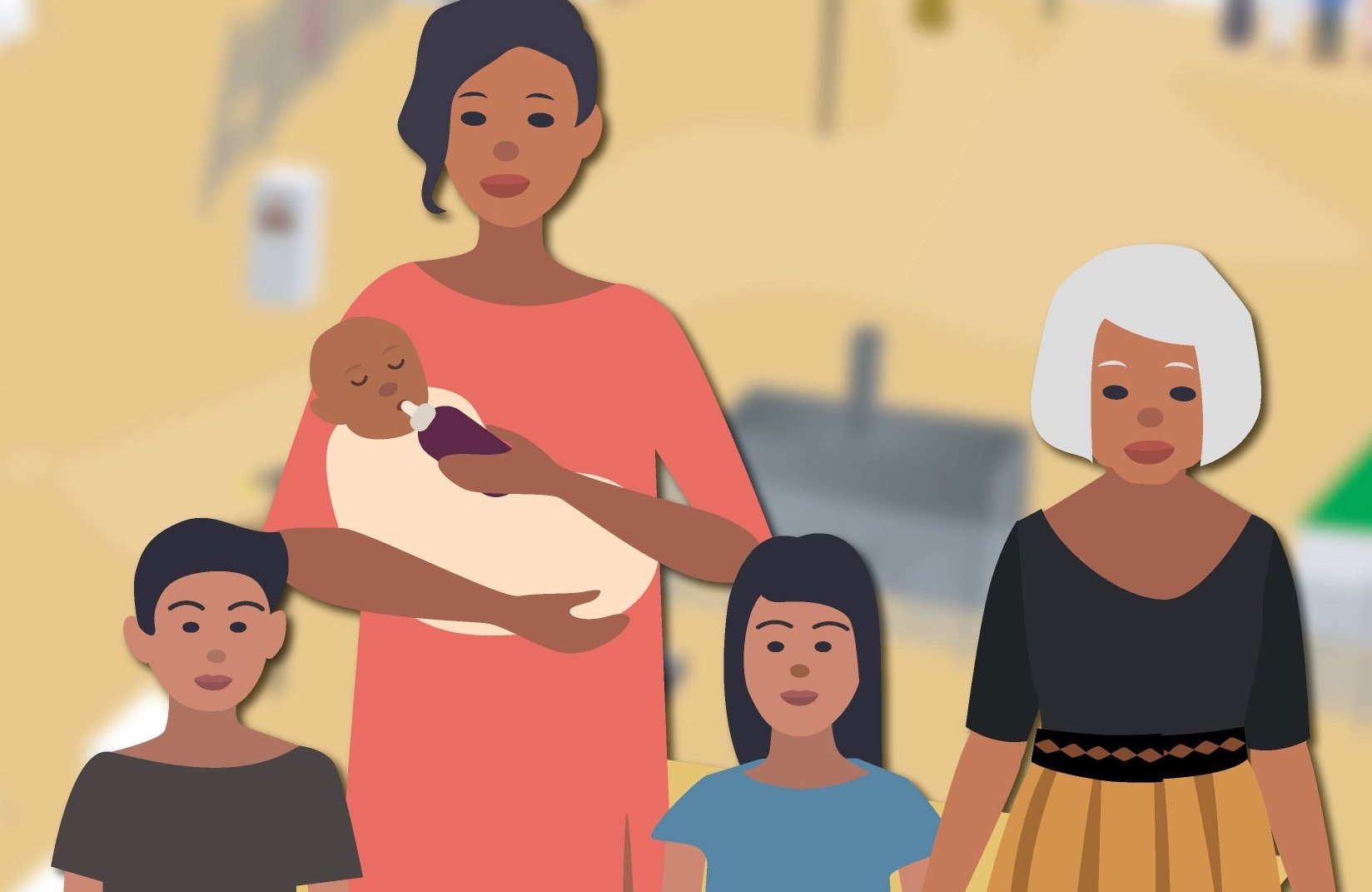 Illustration of a family, including a mother with three children (including a baby) and an older woman.