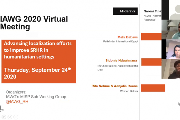 Screenshot from the webinar, showing four speakers and the introductory slide titled "Advancing localization efforts to improve SRHR in humanitarians settings, Thursday, September 24, 2020"