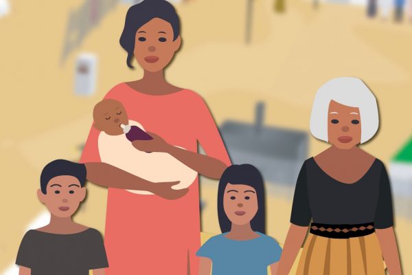 Illustration of a family, including a mother with three children (including a baby) and an older woman.